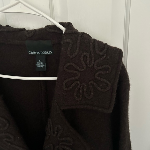 NWOT Cynthia Rowley Dark Brown Trench Coat with Floral Design Belted Wool XL NEW - Picture 3 of 11